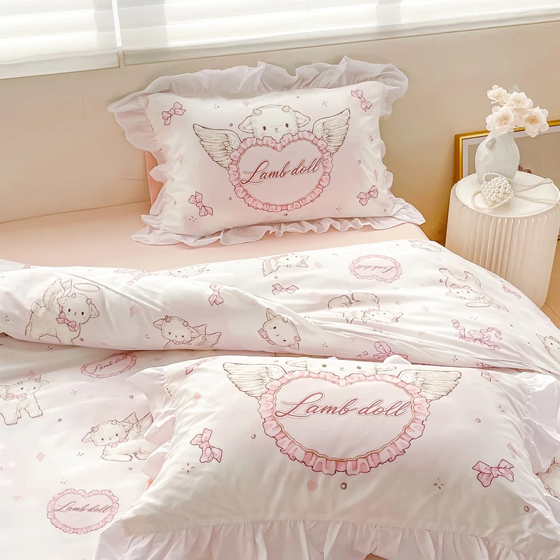 天使小羊仙女风原创全棉花边三四件套纯棉少女心床单床上被套温柔