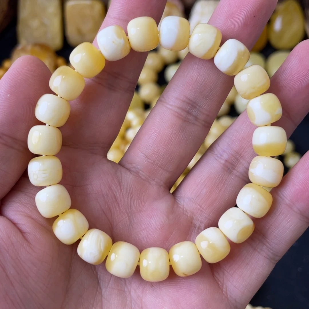 手串琥珀未镶嵌10+俄料瓷白妖花精工老型手串