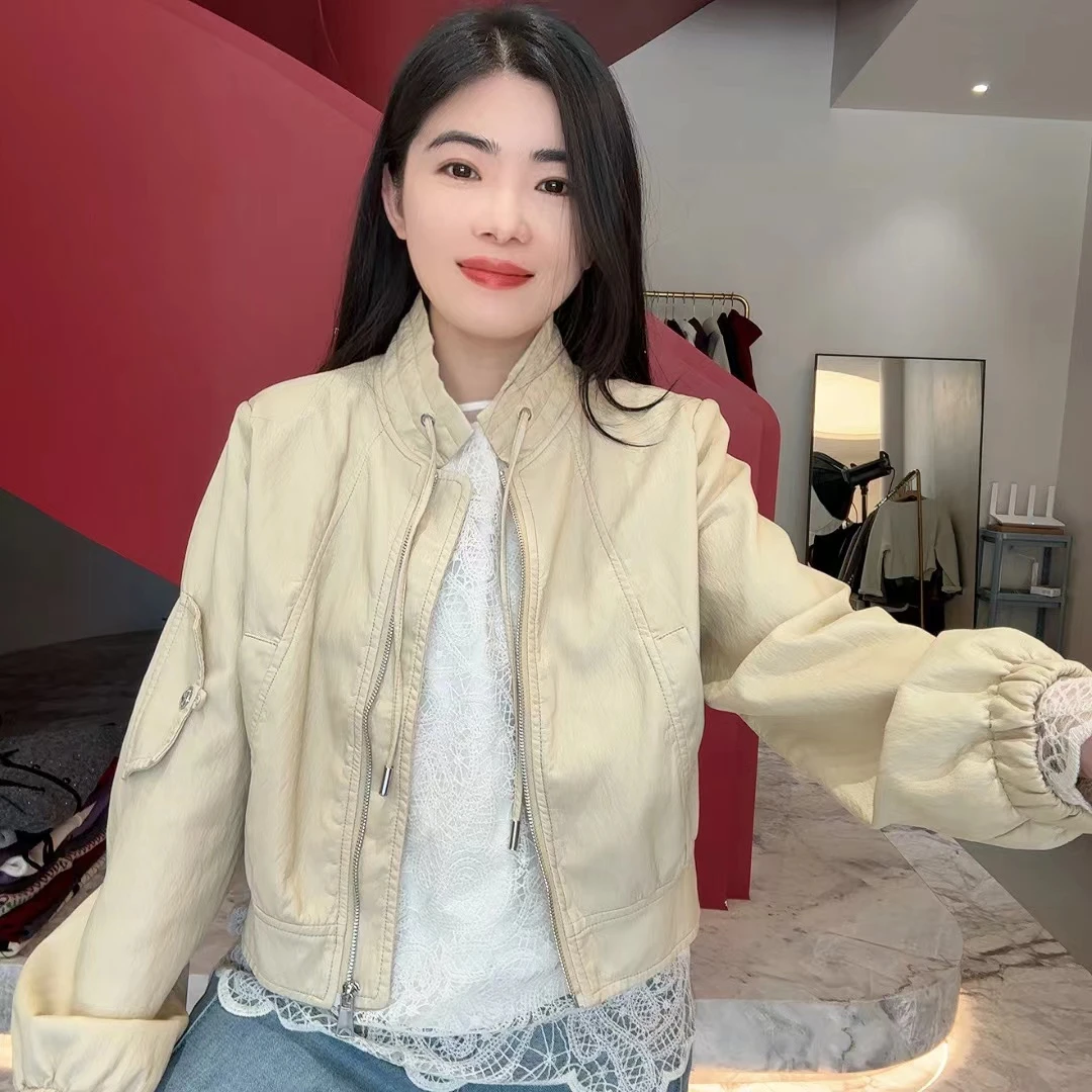 QC 252508 春款不加绒立领抽绳百搭短款皮衣外套