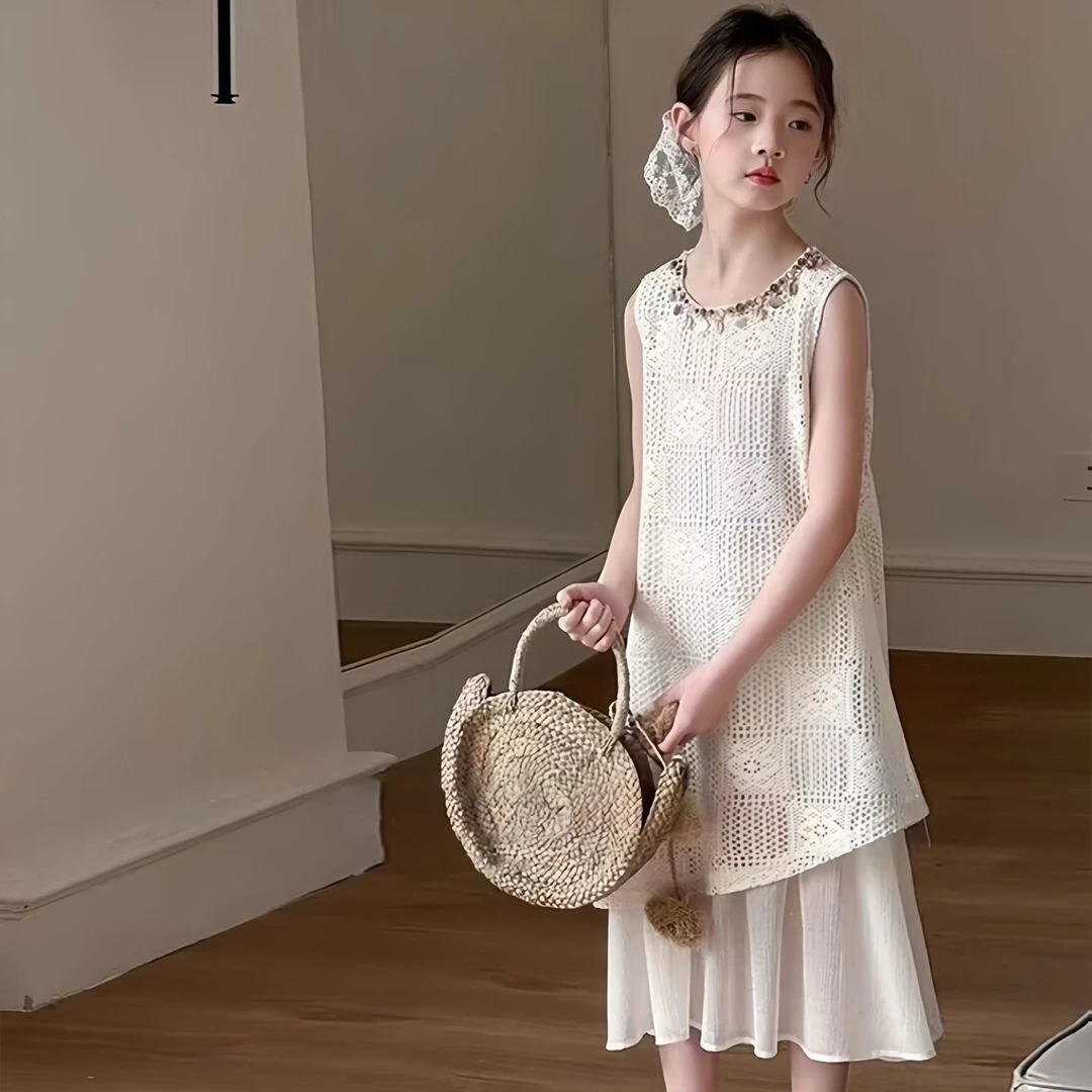 【这也太美啦～】韩系甜美镂空拼接蕾丝背心裙夏季气质女童连衣裙