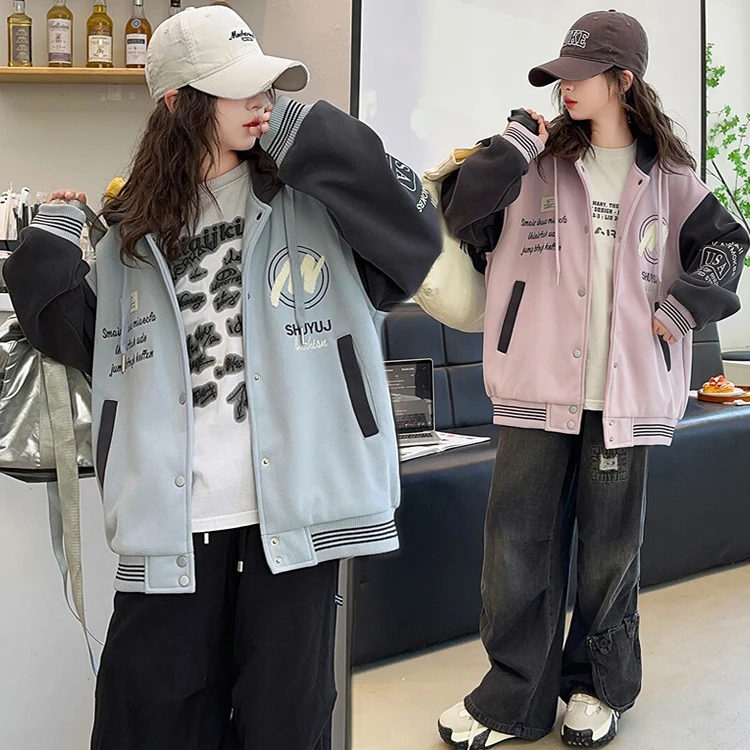 女童秋装棒球服2024新款韩版潮流青少年休闲洋气拼色连帽外套上衣