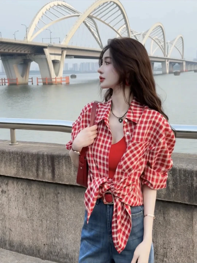 港式复古红色格子衬衫外套女夏季慵懒风宽松松弛感防晒开衫衬衣潮