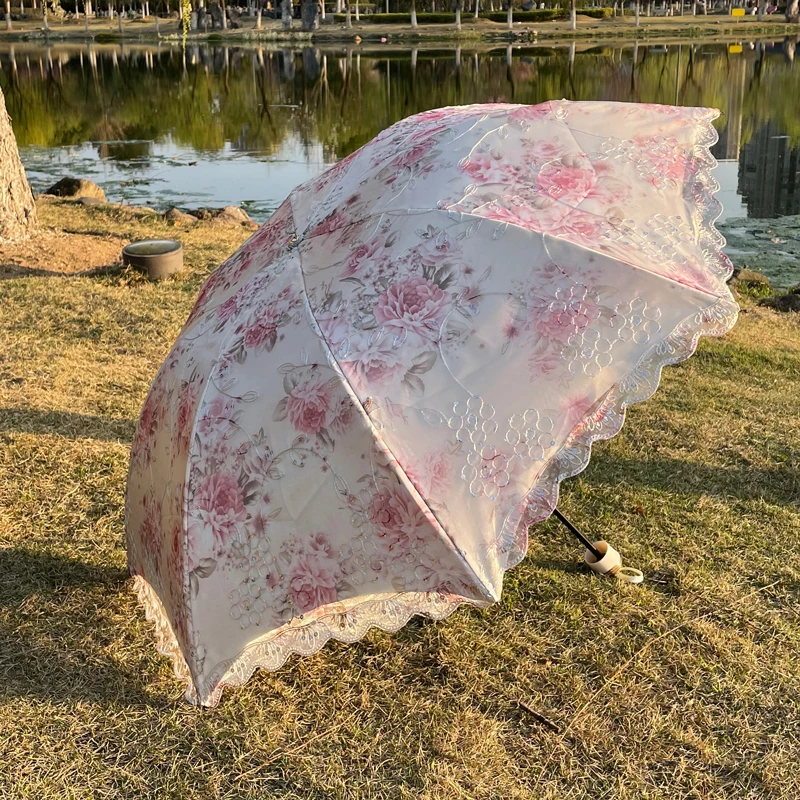 蕾丝刺绣双层太阳伞女黑胶防晒防紫外线晴雨两用遮阳伞小清新三折