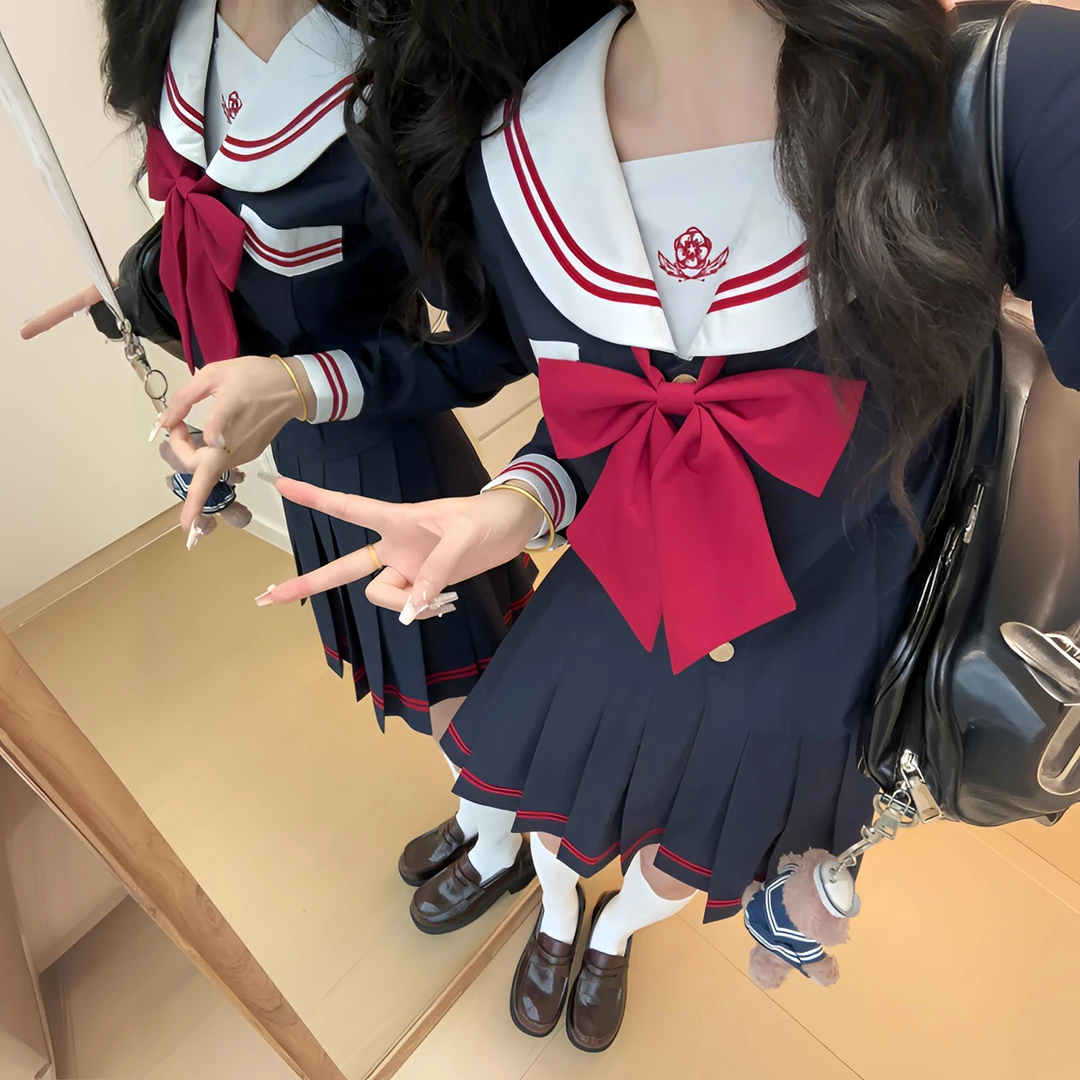 川海阁原创【冷风玫瑰】新品JK制服长袖款水手服学院风百褶裙套装