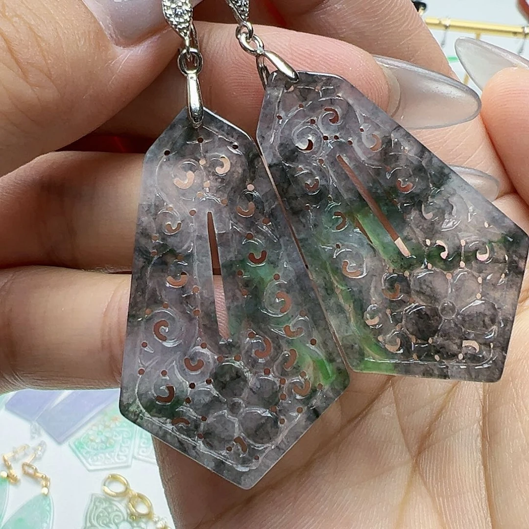 翡翠银S925镶嵌耳饰雨**深天然缅甸A货翡翠