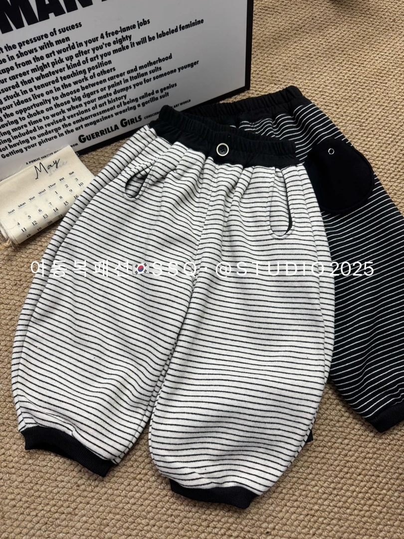 1521秋冬新款高品质棉条纹裤男女童立体圆兜宽松休闲裤