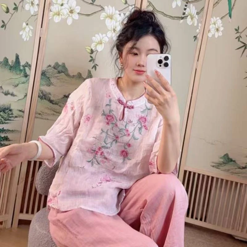 7088 国风中式立领苎麻刺绣衬衫女2025夏季新款洋气百搭女式上衣