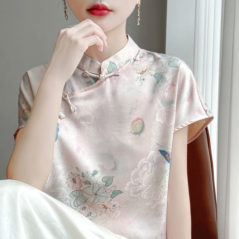 2025复古新中式国风立领短袖上衣女宽松常规款短款日常百搭款T恤