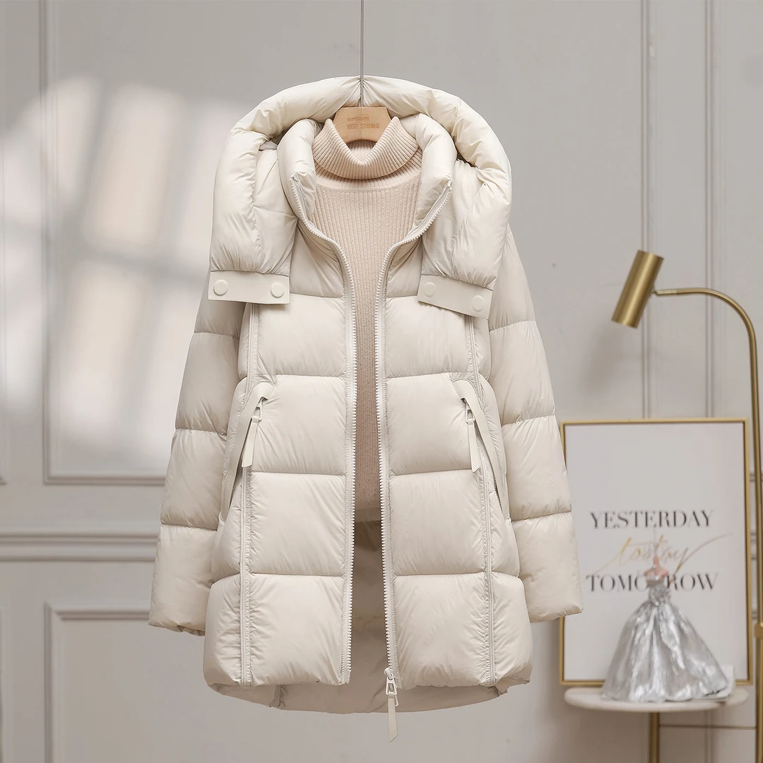 白鹅绒羽绒服女中长款2025冬新款连帽宽松茧型云朵泡芙加厚外套潮