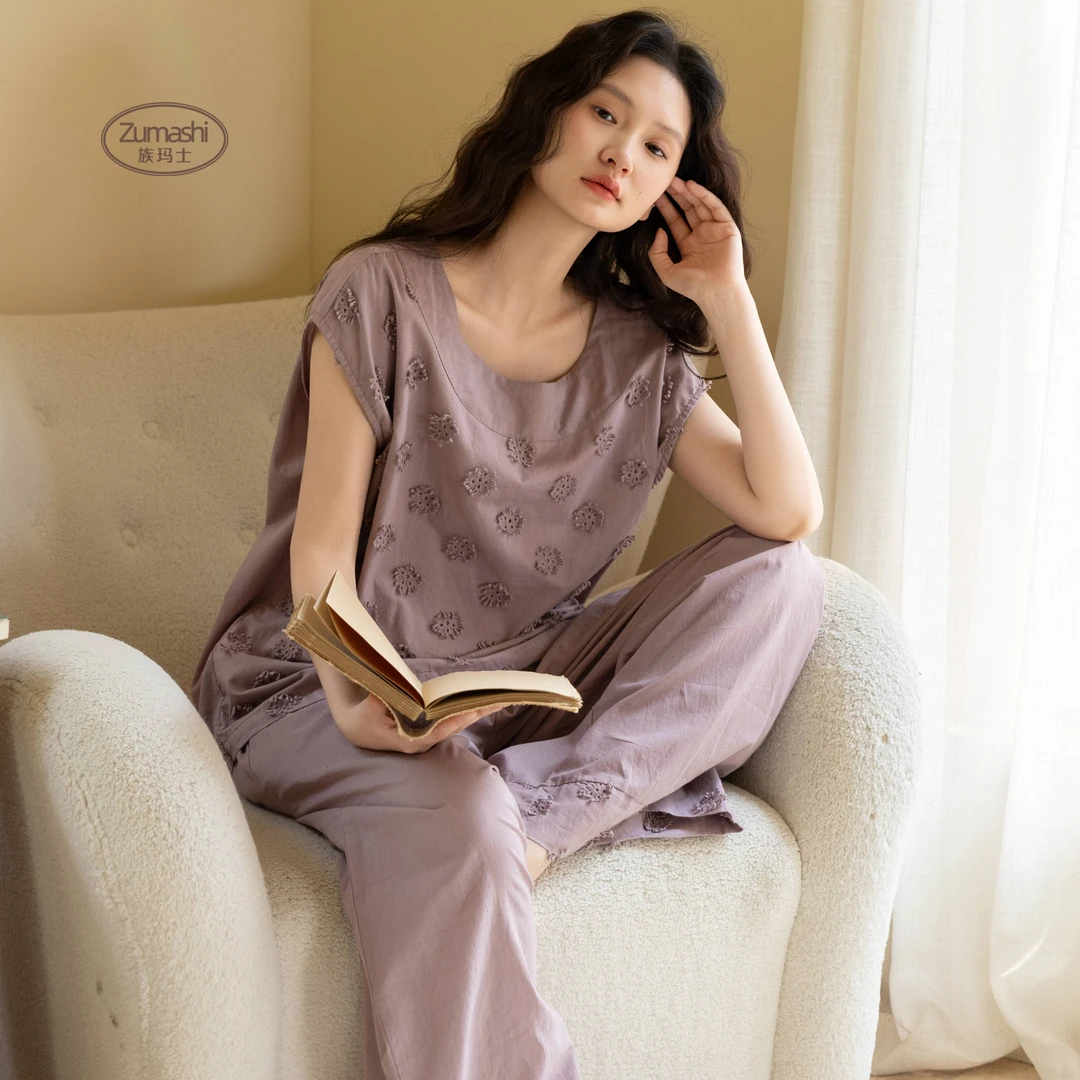 族玛士纯棉睡衣女款2025新款夏季夏天刺绣无袖长裤家居服睡衣套装
