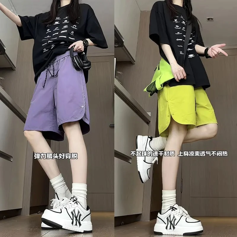 夏季速干休闲运动短裤男女同款宽松大码排扣潮牌透气薄款五分裤子