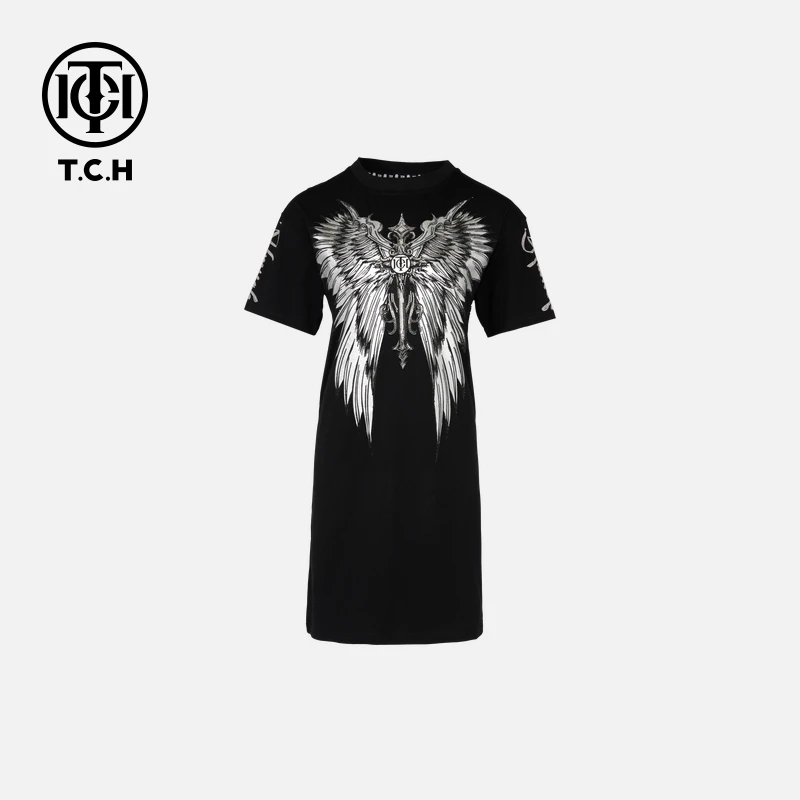 轻奢-TCH潮牌烫钻大翅膀时尚休闲黑色夏季连衣裙女士T72B30E6001