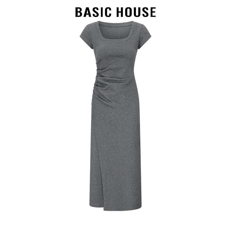 百家好/Basic HouseU领褶皱飞袖长款连衣裙女2024纯色通勤长裙子
