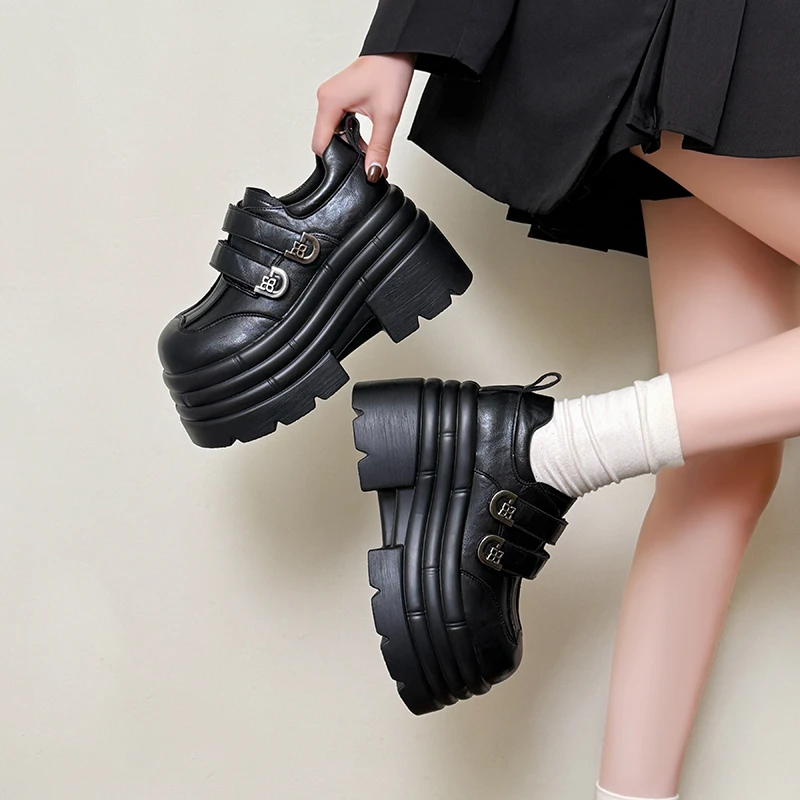 10cm厚底魔术贴单鞋女2025秋季新款小个子增高小皮鞋女松糕乐福鞋