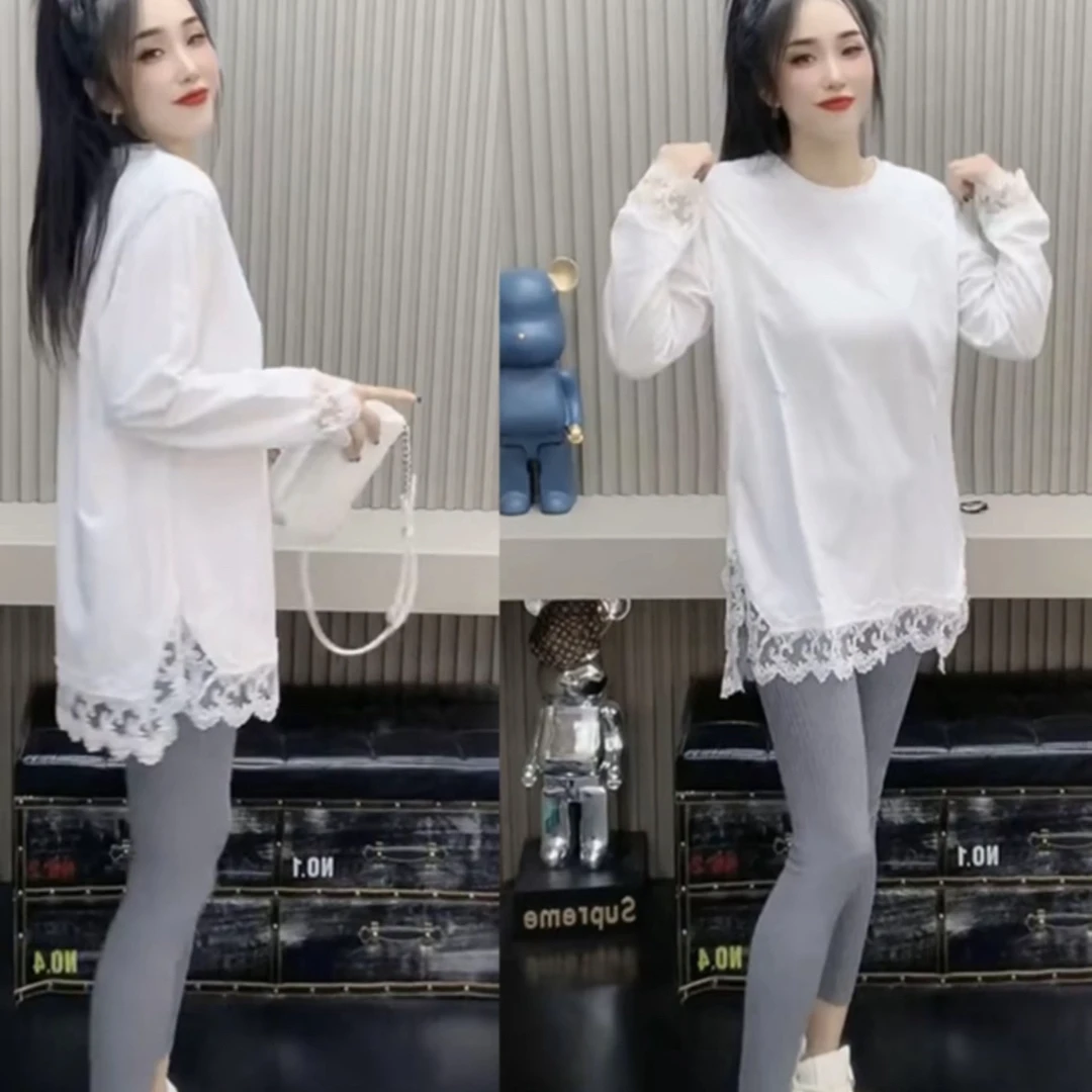 【蕾丝拼接】2025秋冬新款打底衫时尚百搭中长款宽松长袖t桖上衣