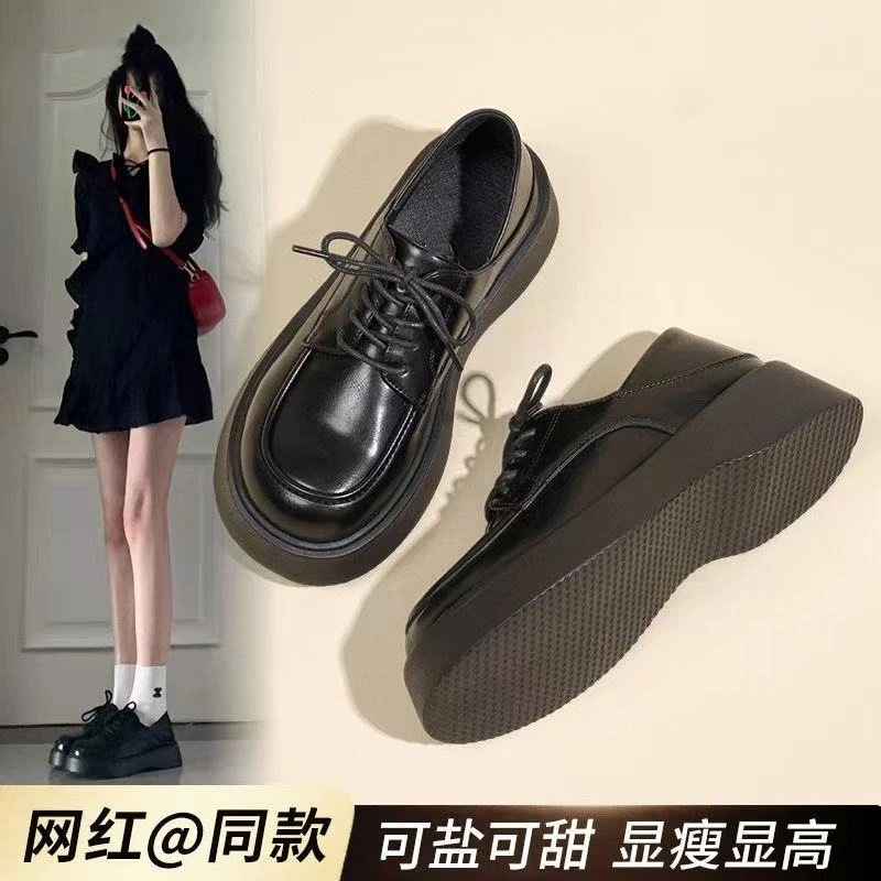 黑色JK2025乐福鞋女系带春季新款厚底增高英伦风女鞋百搭小皮鞋女