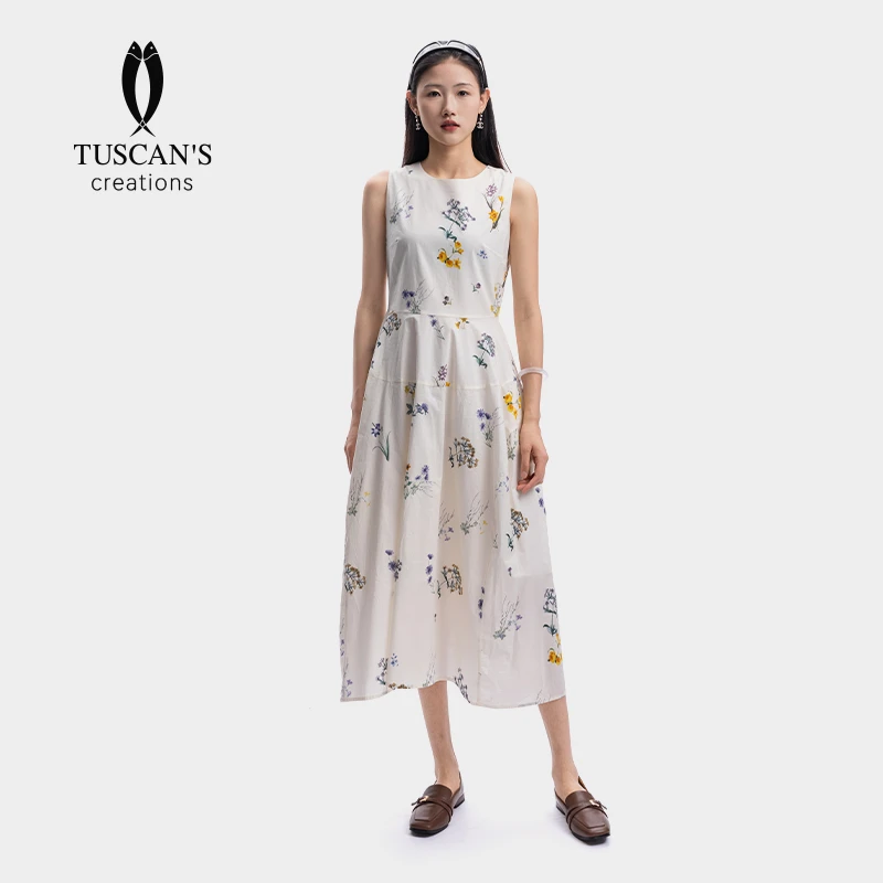 TUSCAN'S CREATIONS女士通勤百搭碎花无袖连衣裙梭织裙子时代双鱼