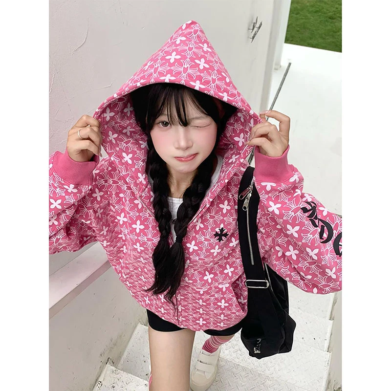 美式嘻哈字母满印连帽卫衣女秋冬小个子加绒加厚宽松开衫拉链外套