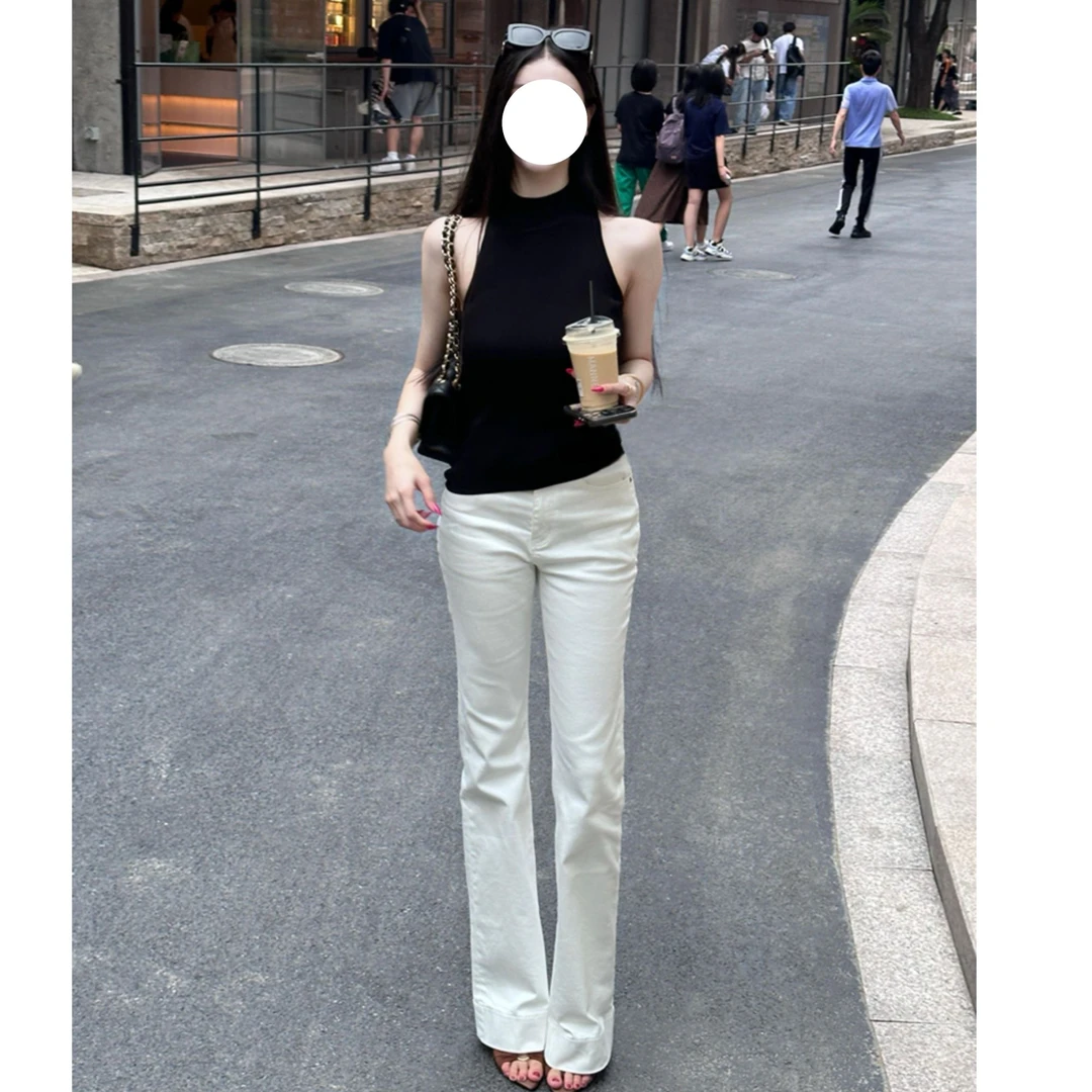 御姐纯白色~显腿长遮肉窄版直筒微喇裤简约提臀百搭软牛仔裤