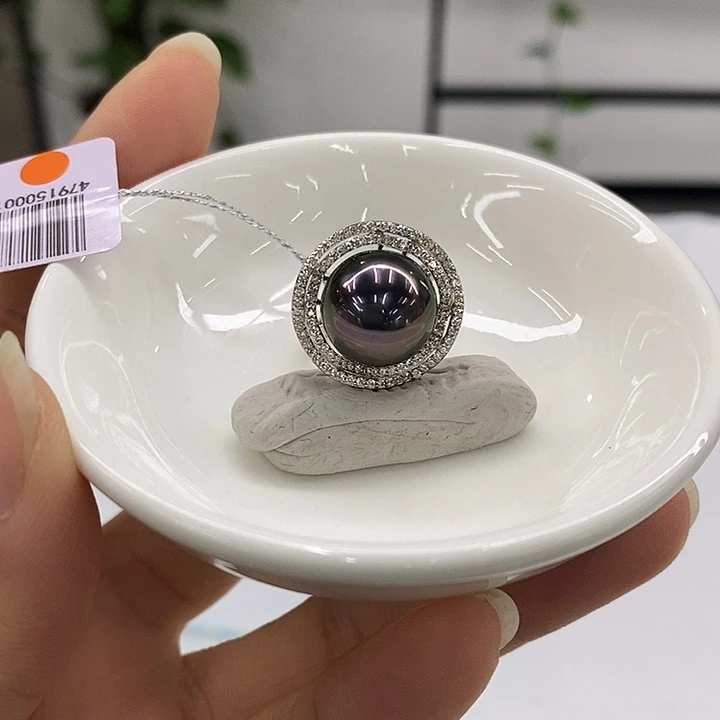 海水珍珠戒圈银S925镶嵌孔雀紫12-13mm