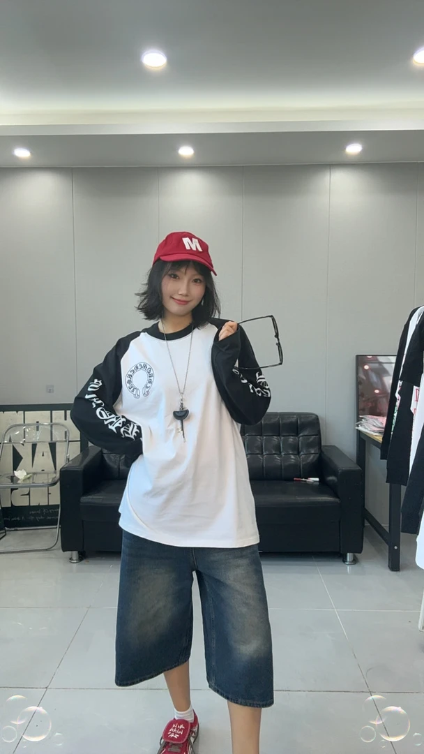 【LLZ312】简约小克袖子梵文    260G黑白插肩袖男女同款纯棉长袖