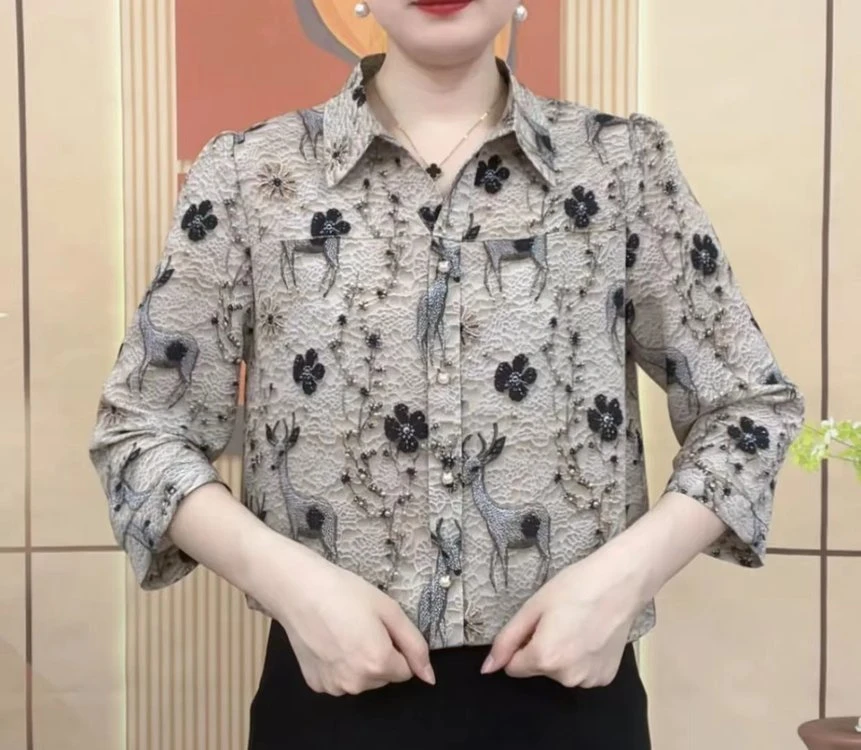新中式妈妈时尚衬衫印花2025新款洋气夏季减龄小衫宽松中老年上衣