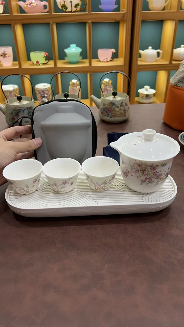 F1859紫藤花旅行套一壶三杯带包+密胺白色小茶盘