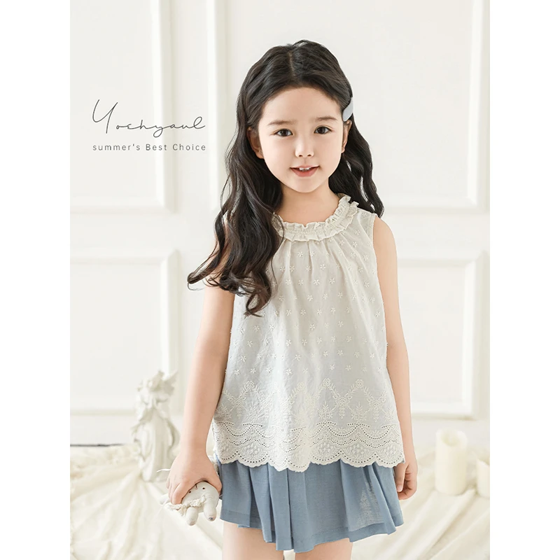 YOEHYAUL/幼悠【一抹清凉】夏伍波下纯棉镂空夏季吊带娃娃衫X5226