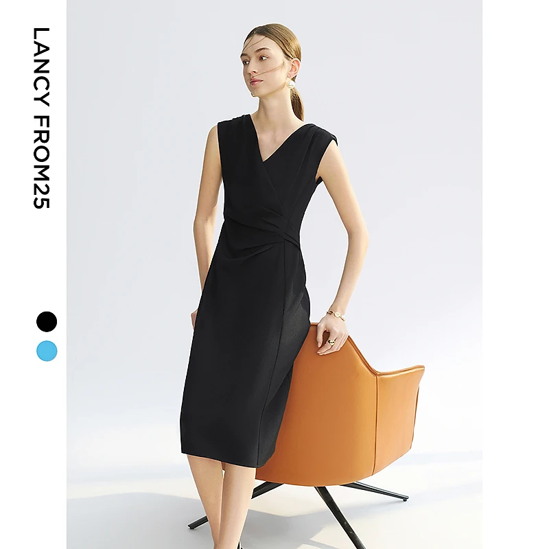 朗姿法式双色v领收腰无袖连衣裙2025年夏季新款法式气质轻礼服裙