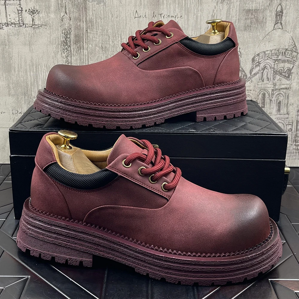 大头鞋男2025春季新款男鞋厚底内增高休闲鞋红色潮流正装男士皮鞋