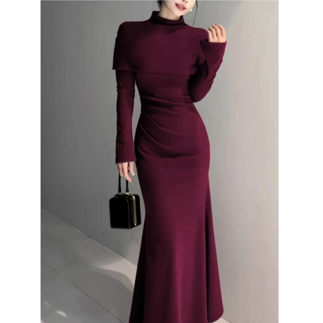 秋冬长袖德绒新款时尚套装优雅V领保暖显瘦鱼尾裙加同色系罩衫-2