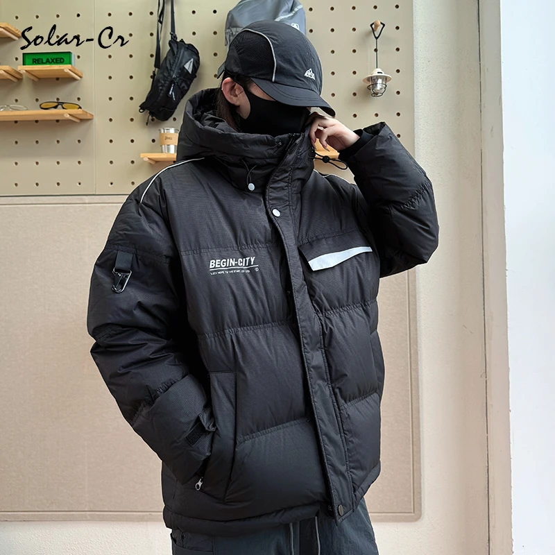 solarcr冬男士休闲连帽棉衣宽松潮流保暖羽绒服百搭时尚短款外套