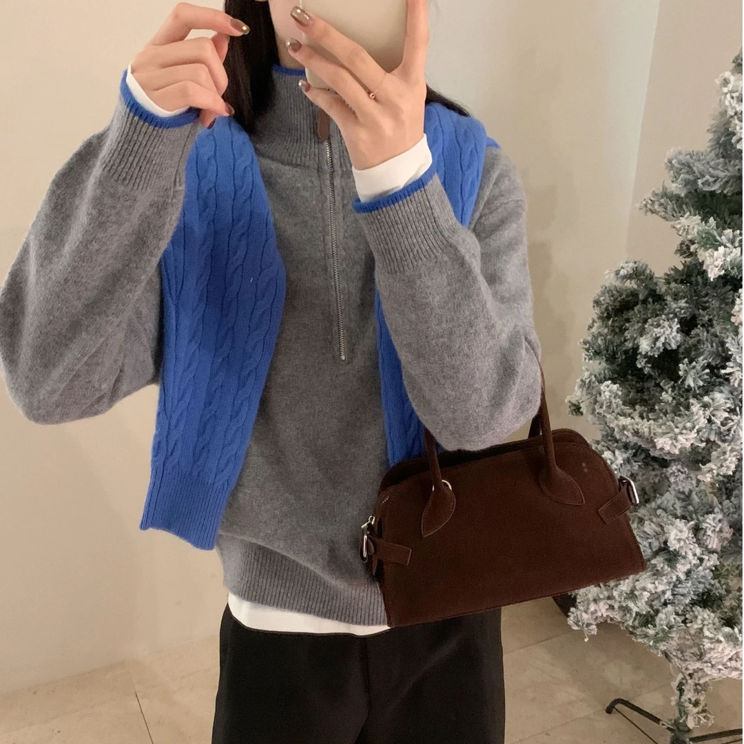【素简.670129】秋冬100绵羊毛撞色半拉链红人上新羊毛衫