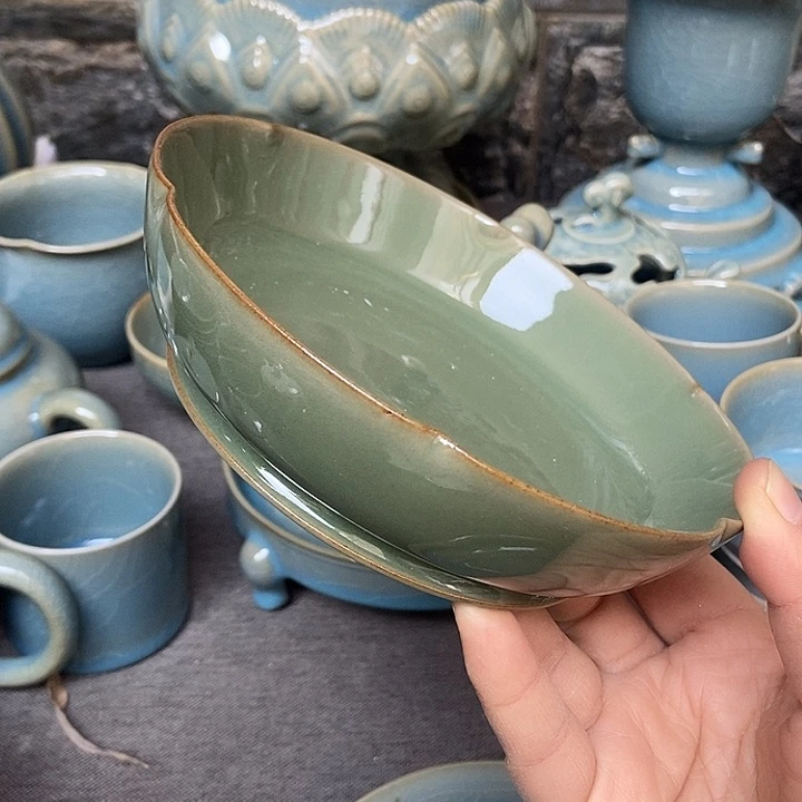 葵口洗原矿葱绿釉