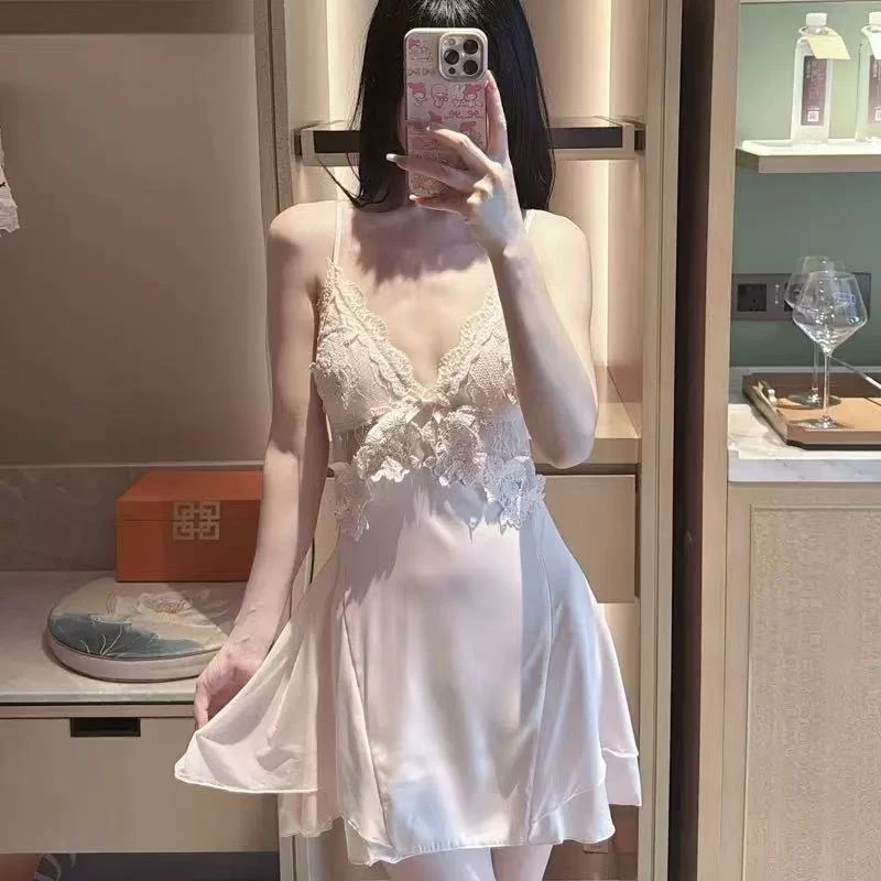 鑫燃KIKI#「夏日花序」冰丝绸蕾丝纯欲风睡裙 1895# LULU