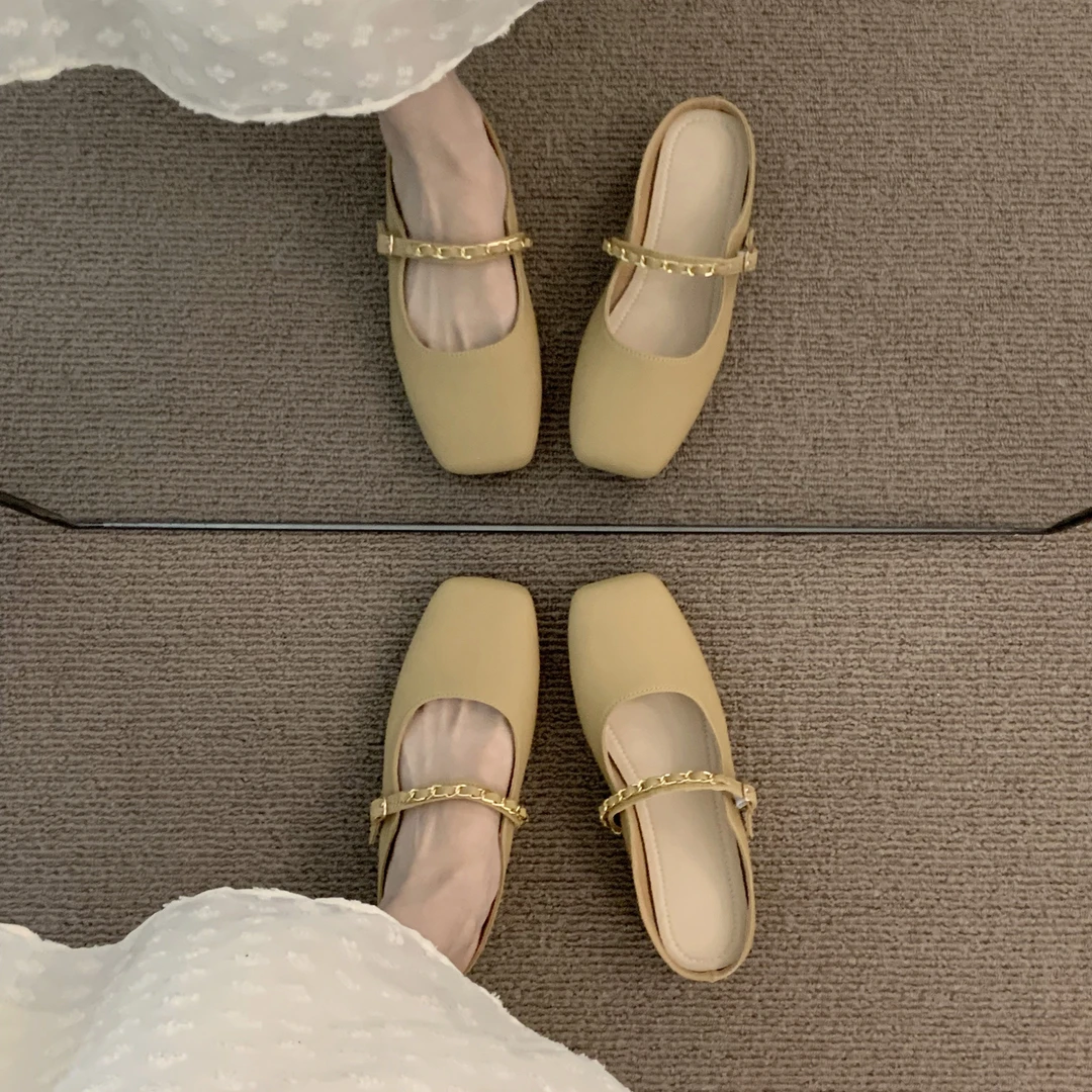 UHCK法式温柔半拖鞋平底2025春夏季浅卡链条气质玛丽珍鞋包头晚晚