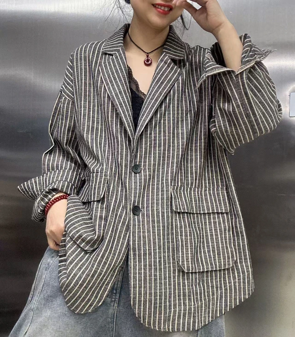 秋款麻棉条纹显瘦西装1402