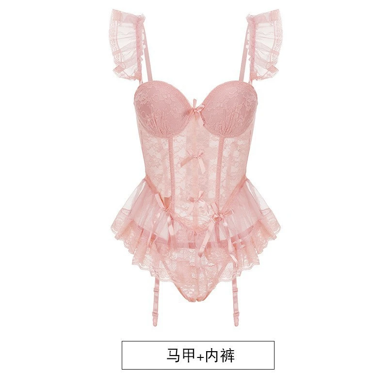 法式性感修身鱼骨胸衣马甲女式夏薄款纯欲风蕾丝透气套装