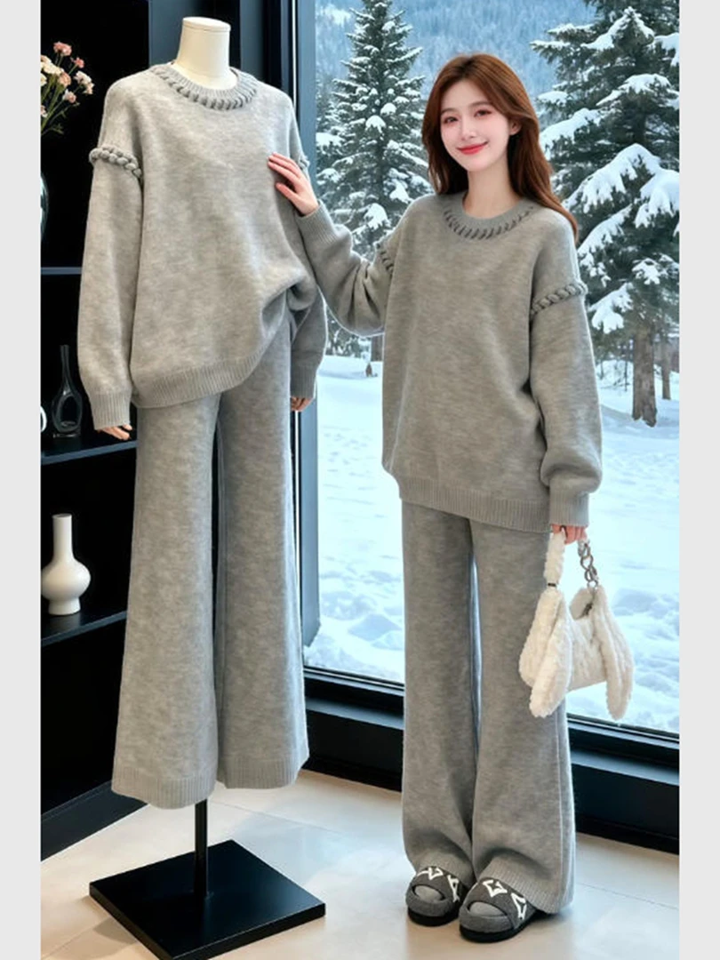 慵懒风灰色针织套装女秋季新款韩系松弛感高级感卫衣阔腿裤两件套