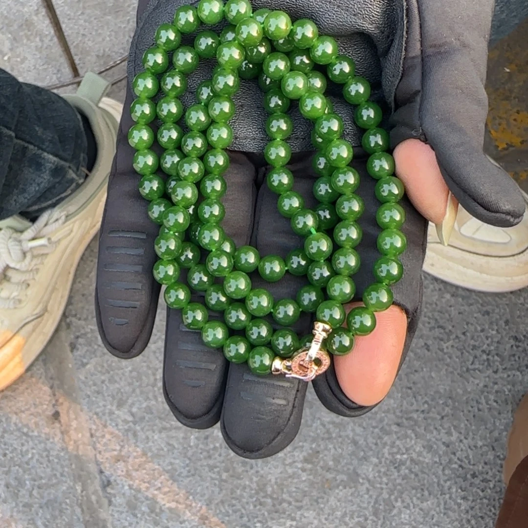 和田玉未镶嵌颈饰卡7老辣菠菜绿108颗