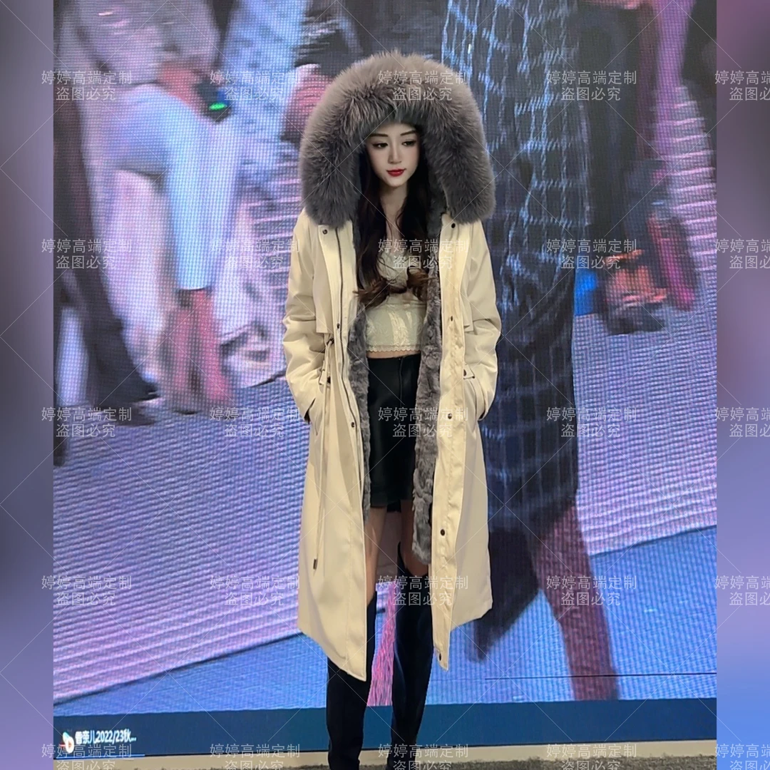 【玉兔獭兔毛+毛袖】24年新款派克女冬中长款时尚风衣外套网红设计