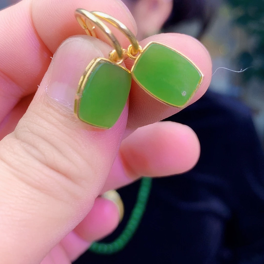 吊坠(不含链)银S925镶嵌和田玉（碧玉）耳钉