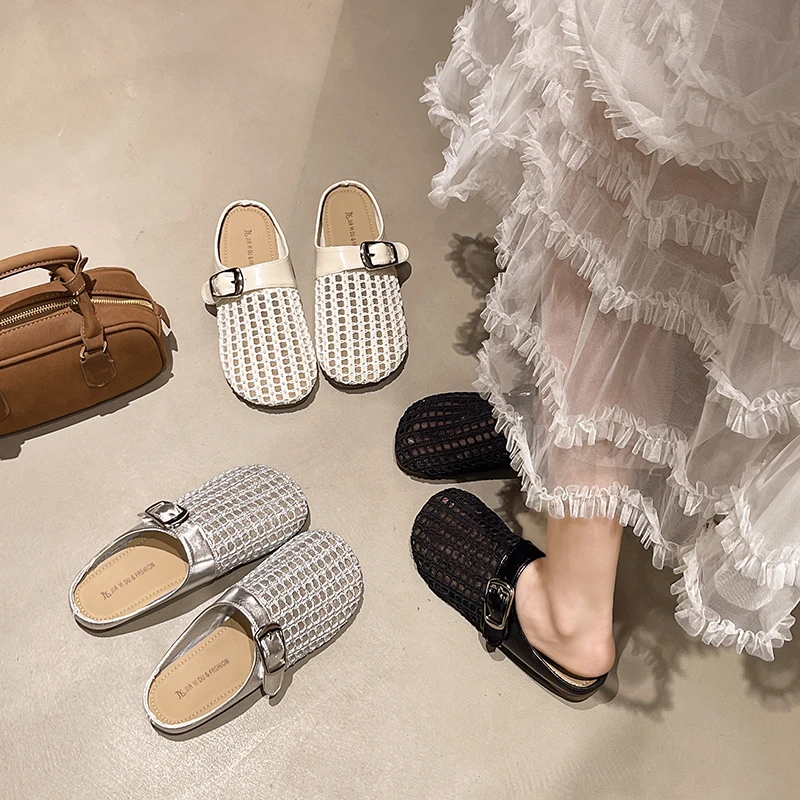 夏季新款百搭半包镂空女时尚平底外穿透气法式凉拖鞋包头半拖鞋