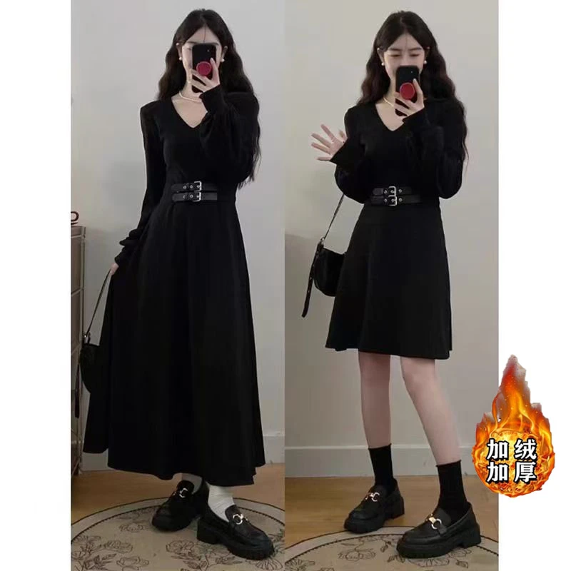（现货）女装胖mm秋季新款显瘦收腰V领打底气质时尚百搭连衣裙1682