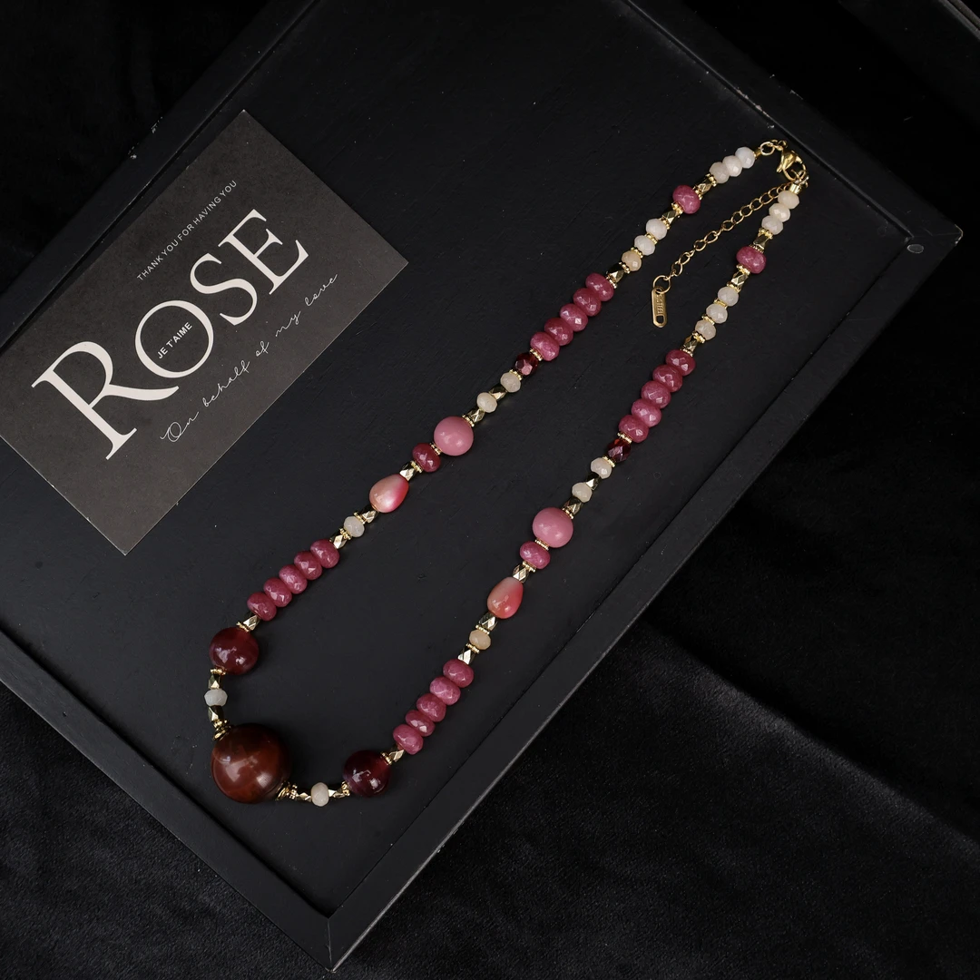 LZ3822天然红色玛瑙大珠粉色菱形小米珠项链