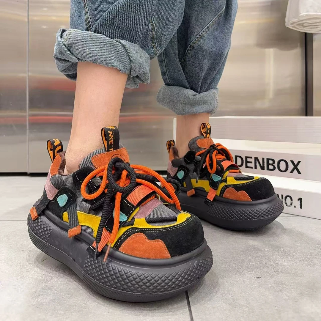 【琪】欧货2055冬季加绒厚底面包鞋女小众拼色系带休闲鞋增高松糕鞋