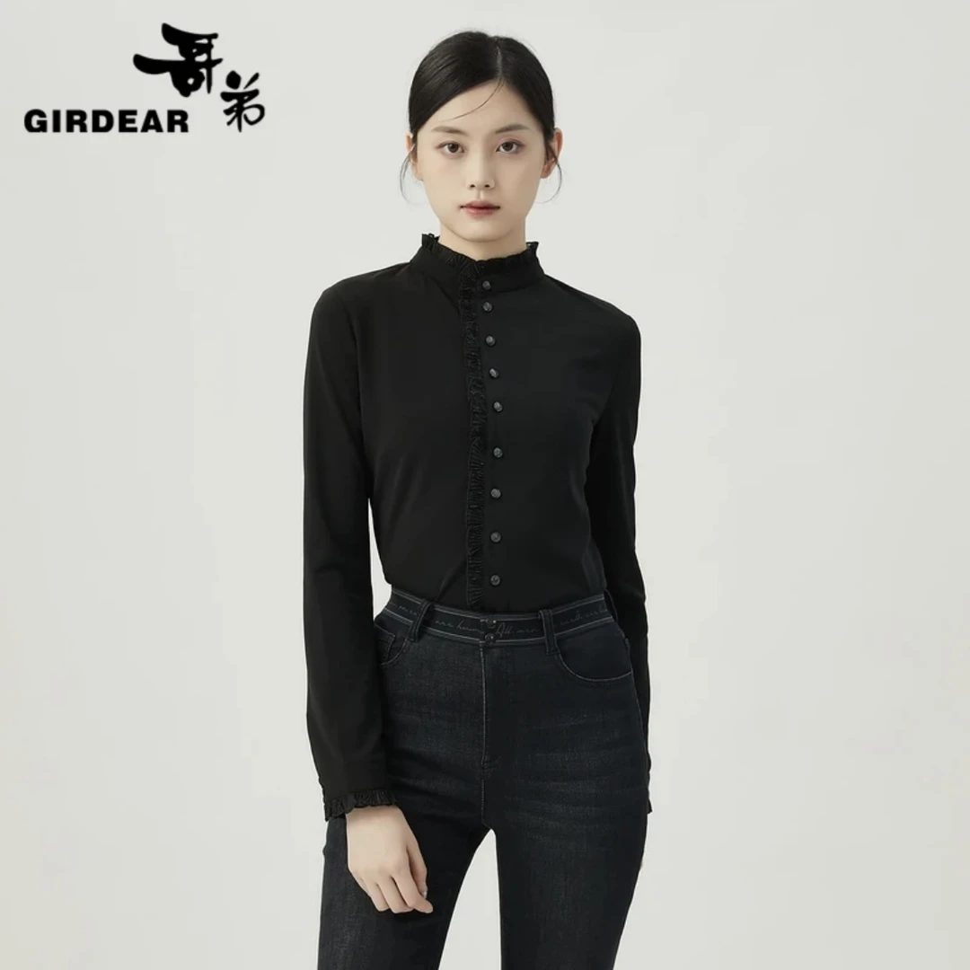 GIRDEAR/哥弟通勤法式气质宫廷风木耳边长袖立领纯色衬衫1300936