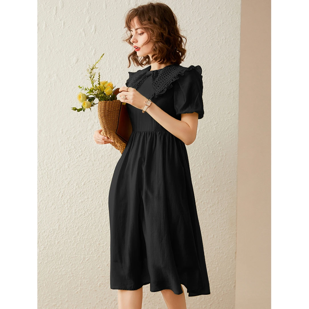 白鹿语夏款甜美泡泡袖高腰长裙女裙子浪漫优雅翻领连衣裙ZYU10043