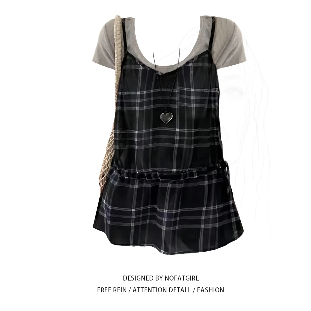 大码胖mm韩系设计感叠穿格子吊带背心女夏季内搭短袖T恤两件套潮