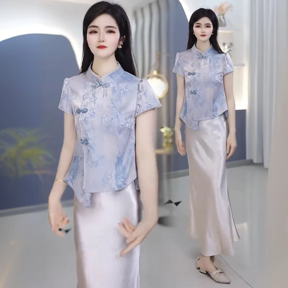 新中式国风套装裙女2025夏季新款盘扣不规则短袖鱼尾半身裙两件套